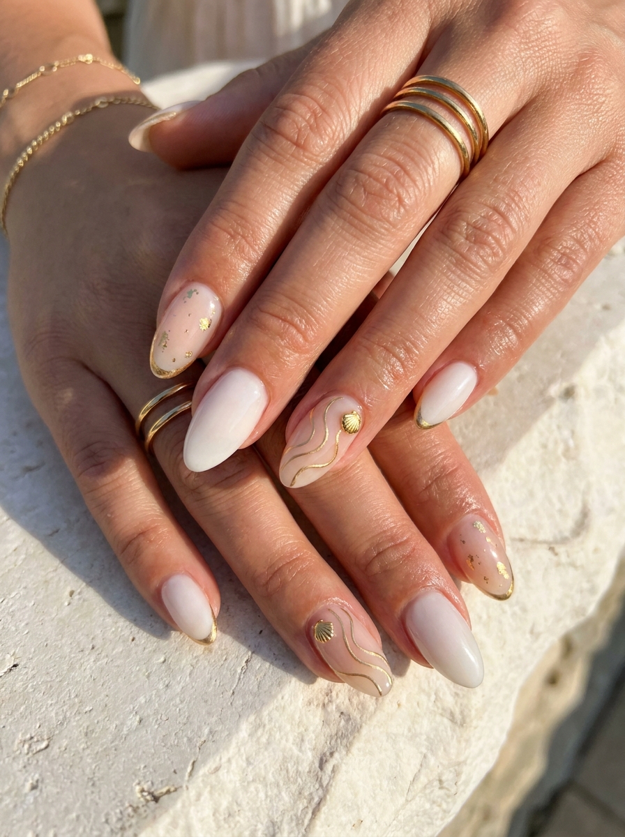 White and Gold Greece Nails mit weißen Nägeln und feinen Goldakzenten